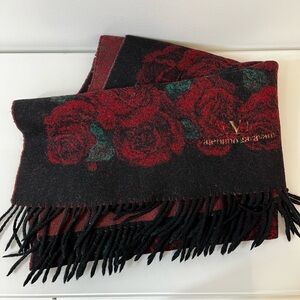 Valentino Garavani Black, Red & Green Rose Wool Scarf with Fringe